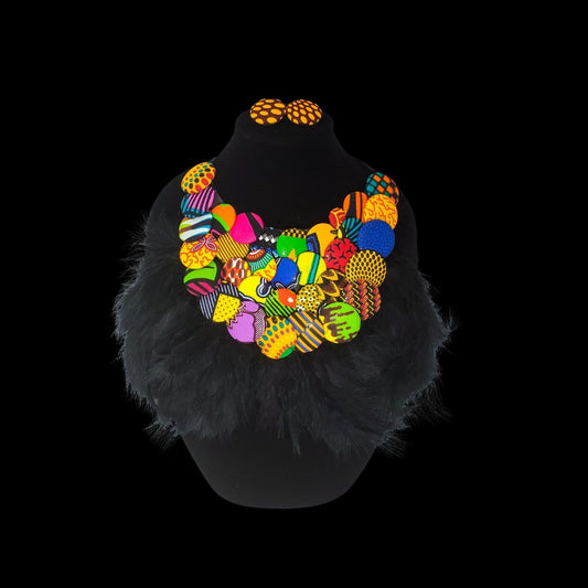 Multicolored Button Ankara Statement with Black Feathers Set
