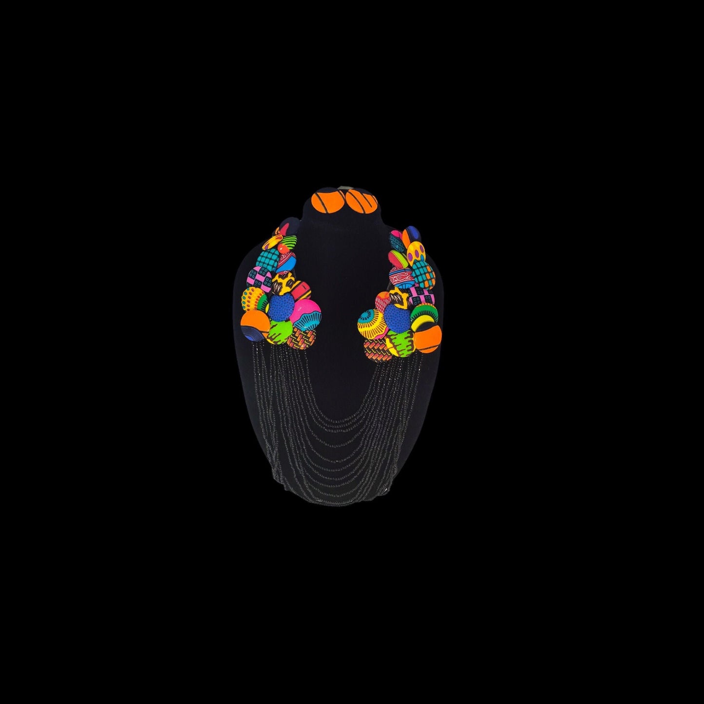 Multicolored Button Ankara Statement w/Long Beads Set