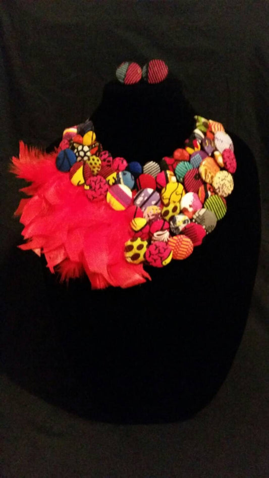 Extra Large Multicolored Button Ankara Statement Neckpiece Set with Red Feathers